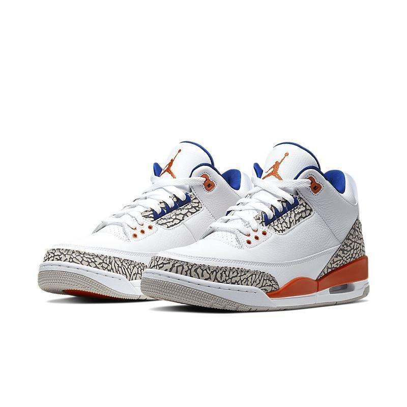 White Air Jordan 3 Retro 'Knicks' sneakers with orange and blue accents on a white background