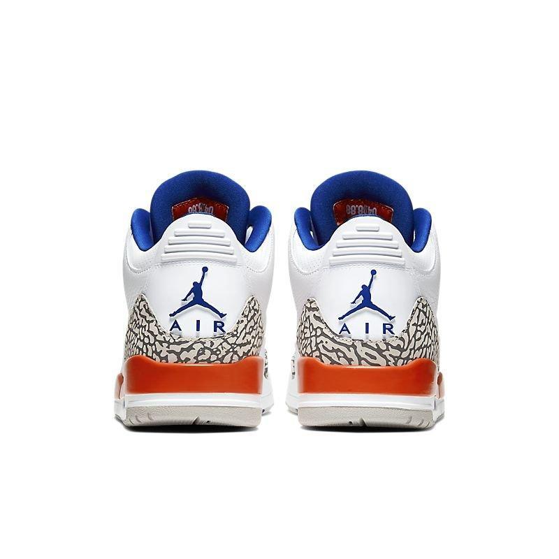 White Air Jordan 3 Retro 'Knicks' sneakers with blue and orange accents on a white background
