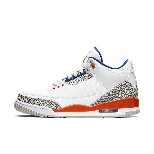 White Air Jordan 3 Retro 'Knicks' sneaker with orange and blue accents on a white background