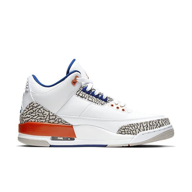 White Air Jordan 3 Retro 'Knicks' sneaker with blue and orange accents on a white background