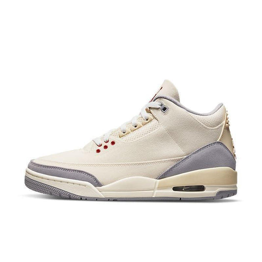 Beige Air Jordan 3 Retro 'Muslin' sneaker with gray accents on a white background