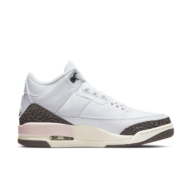 White Air Jordan 3 Retro 'Neapolitan Dark Mocha' sneaker with brown and pink accents on a white background