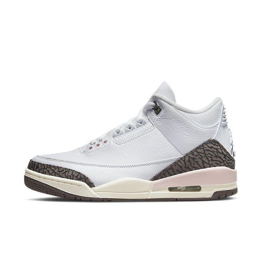 White Air Jordan 3 Retro 'Neapolitan Dark Mocha' sneaker with black and brown accents on a white background