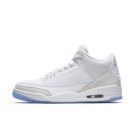 White Air Jordan 3 Retro 'Pure White' sneaker with gray accents on a white background