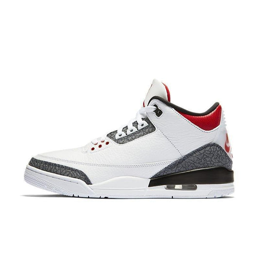 White Air Jordan 3 Retro 'SE Fire Red Denim' sneaker with red and black accents on a white background