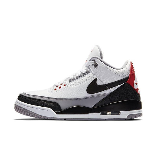 White Air Jordan 3 Retro 'Tinker Hatfield' sneaker with black and red accents on a white background