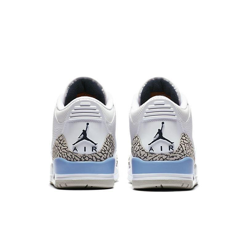 White sneakers with 'Air' branding on a white background Air Jordan 3 Retro 'UNC'