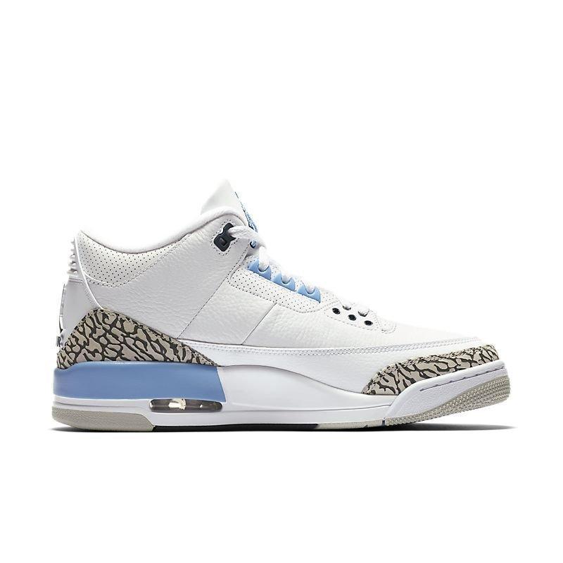 White sneaker with patterned accents on a white background Air Jordan 3 Retro 'UNC'