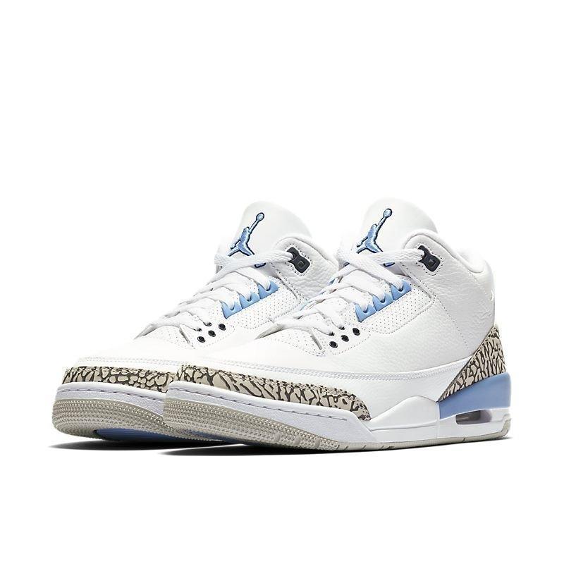 White sneaker with blue accents on a white background Air Jordan 3 Retro 'UNC'