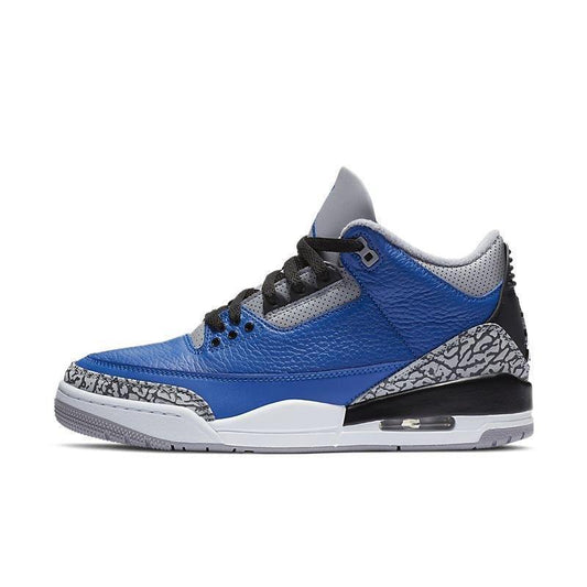 Blue Air Jordan 3 Retro 'Varsity Royal Cement' sneaker with black and gray accents on a white background