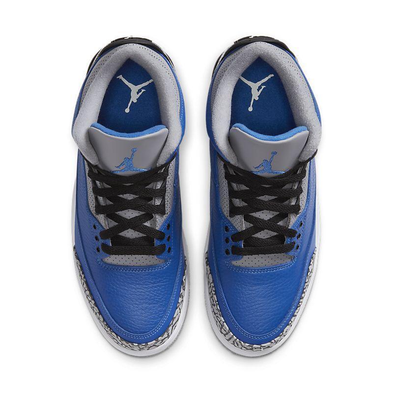 Blue and gray Air Jordan 3 Retro 'Varsity Royal Cement' sneakers with black laces on a white background