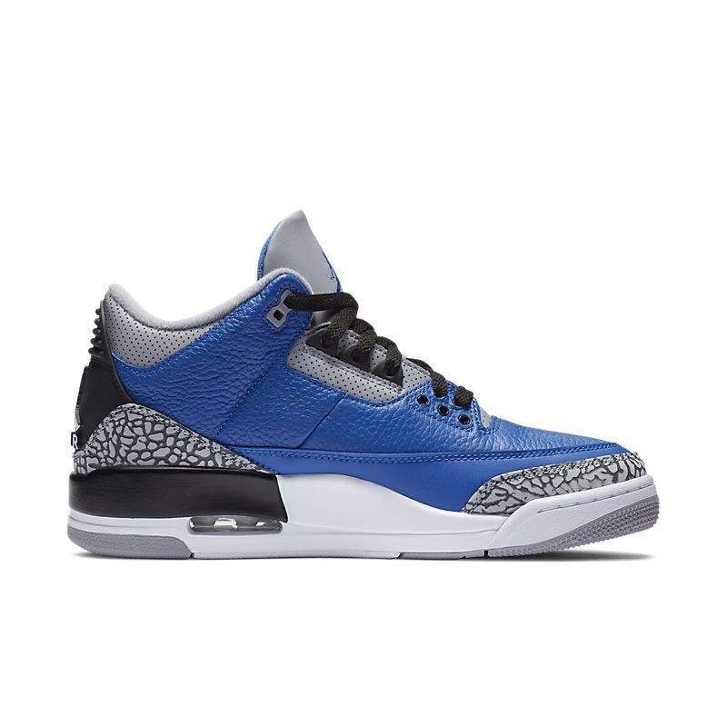 Blue and gray Air Jordan 3 Retro 'Varsity Royal Cement' sneaker with black accents on a white background
