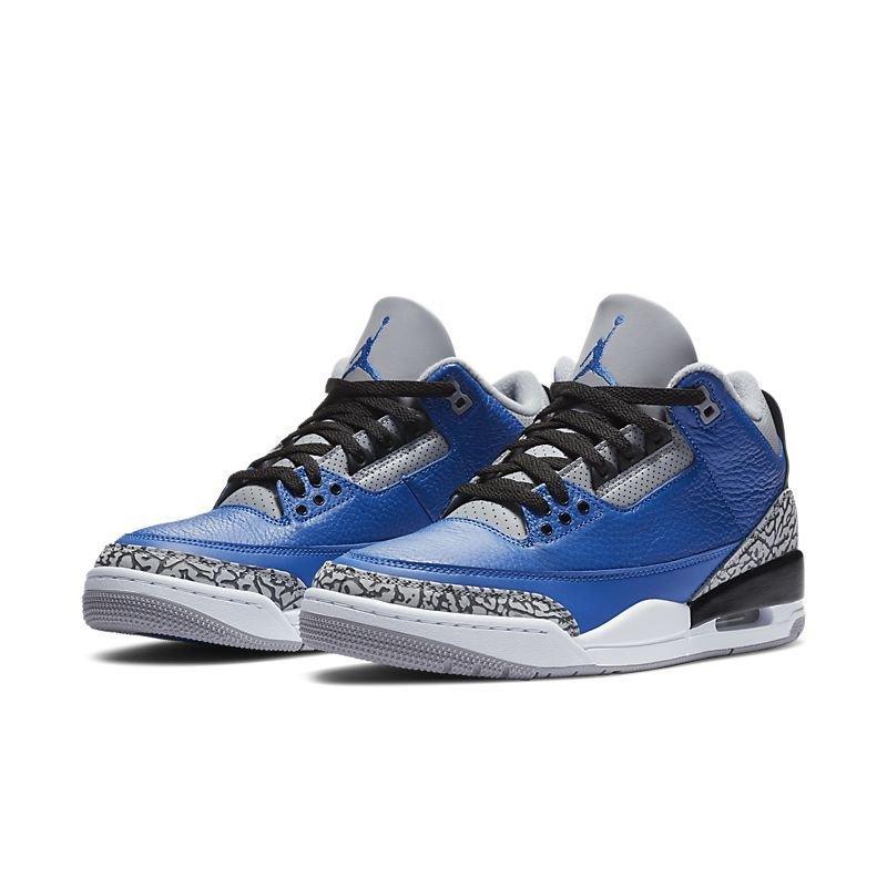 Blue and gray Air Jordan 3 Retro 'Varsity Royal Cement' sneakers with black accents on a white background