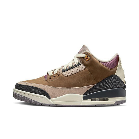 Multicolor Air Jordan 3 Retro 'Winterized Archaeo Brown' sneaker with brown, beige, and black accents on a white background