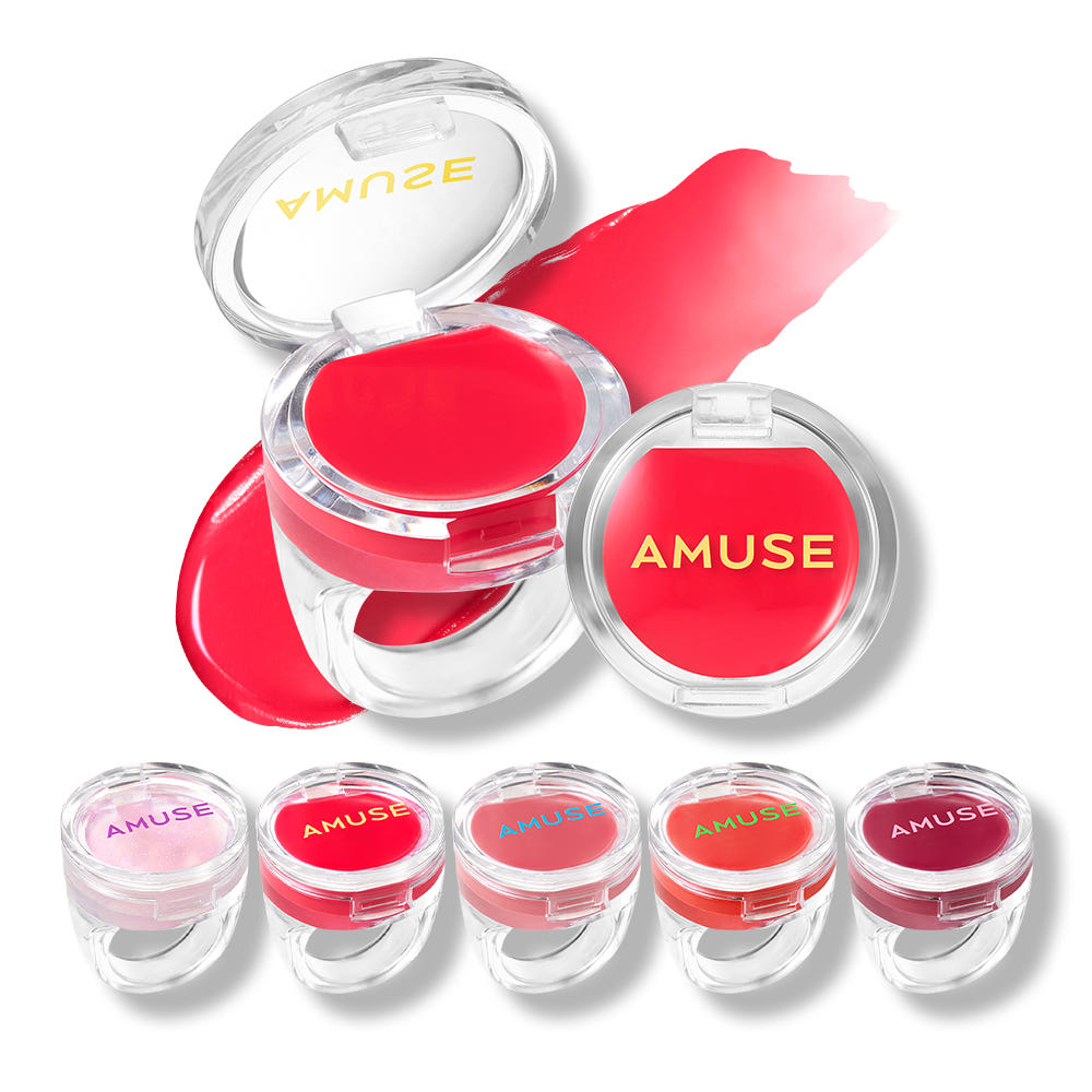 AMUSE lip products with red and pink shades on a white background. Lip Balm finger rings. Easy lip balms for travel on the go.