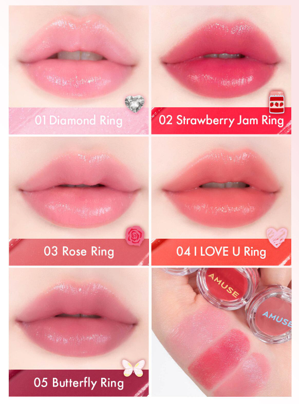 Collage of lips with different lip gloss shades labeled 'Diamond Ring', 'Strawberry Jam Ring', 'Rose Ring', 'I LOVE U Ring', and 'Butterfly Ring'.
