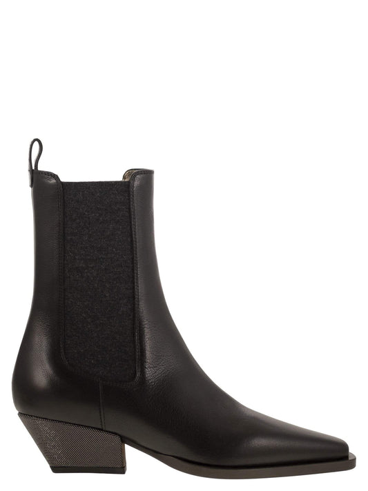 Brunello Cucinelli Women Classic Leather Chelsea Boot With Precious Block Heels