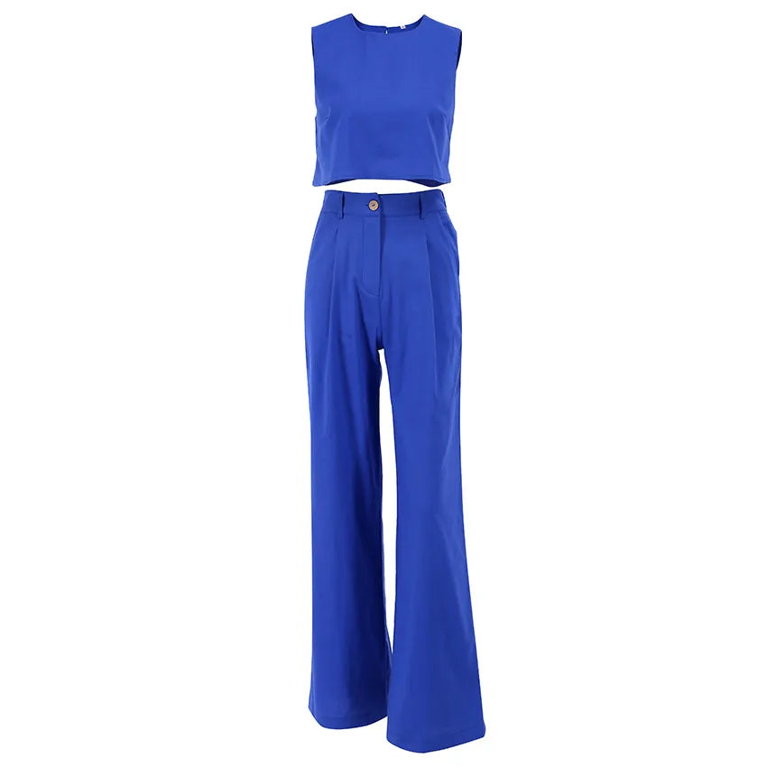 Blue sleeveless top and wide-leg pants set on a white background