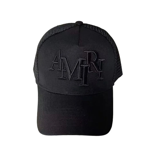 Black amiri cap with a logo on a light gray background