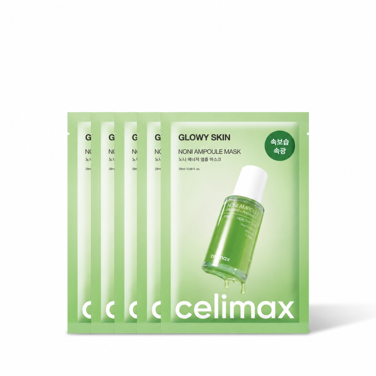 Five individual packets of celimax Glowy Skin Non-Ampoule Mask arranged in a fan shape against a plain white background.