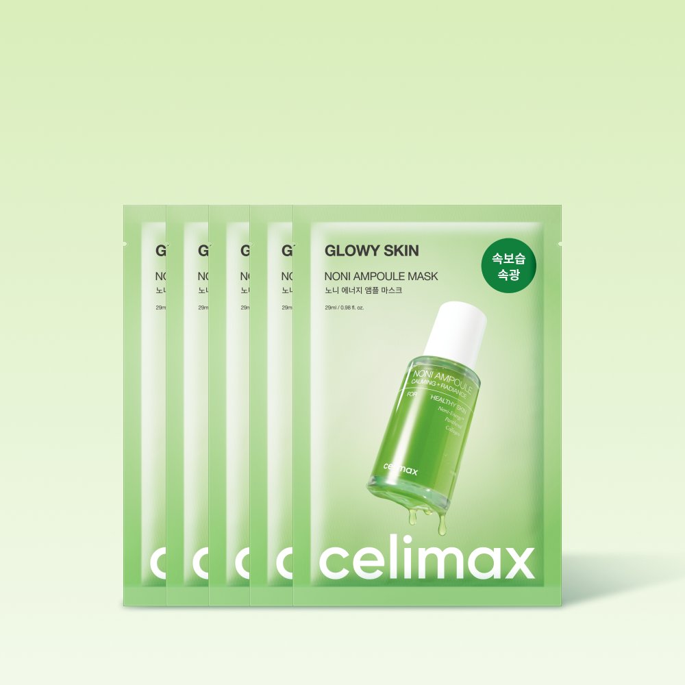 Five individual packets of Celimax Glowy Skin Non-Ampoule Mask arranged in a fan shape against a light green gradient background. The front packet features a graphic of a green ampoule bottle with a white dropper cap.