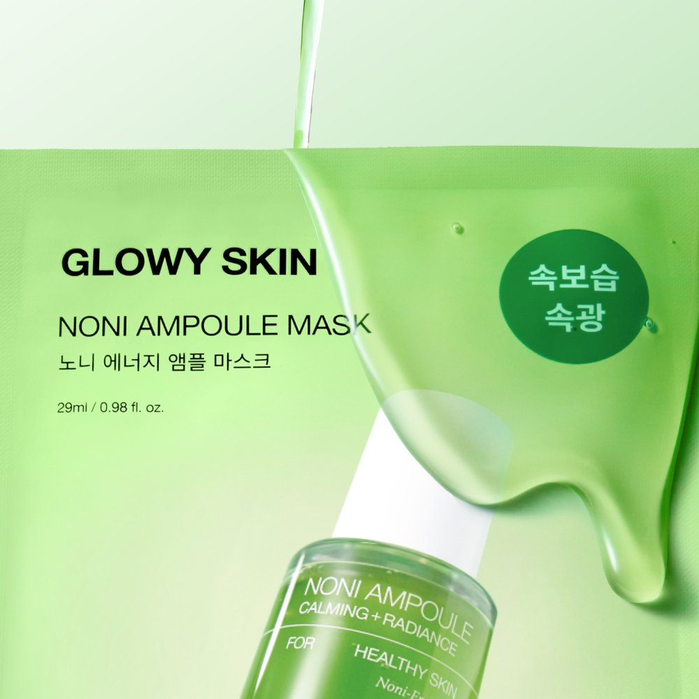 Glowy Skin Noni Ampoule Mask packaging in a light green color, featuring a graphic of a clear gel droplet dripping onto the surface and a partial view of the green bottle with a white cap.