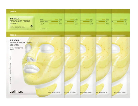 Five packets of Celimax The Vita Retinol Eye Treatment Gel Mask in a pale yellow-green shade, arranged in a row on a white background with a soft reflection below.