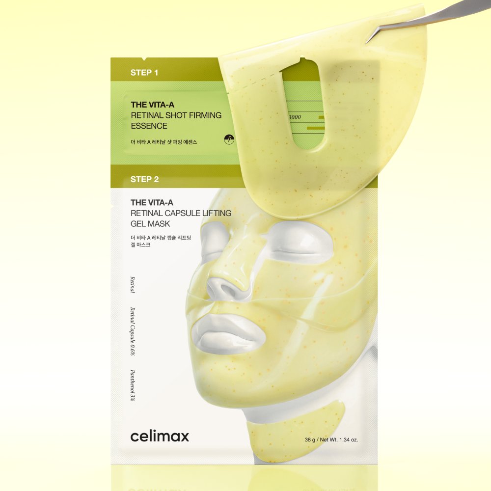 A package of Celimax The Vita-A Retinal Shot Firming Essence gel mask, showing the yellow-green mask substance being peeled off a face illustration on the front, set against a pale yellow background.