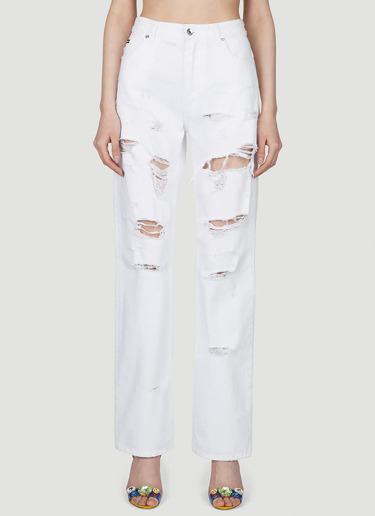 Dolce & Gabbana Women Logo Plaque Distressed Jeans