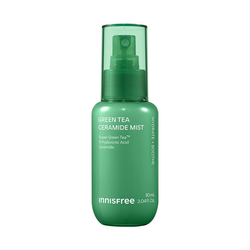 Innisfree Green Tea Ceramide Mist 90mL spray bottle in a translucent green color, shown on a solid white background.