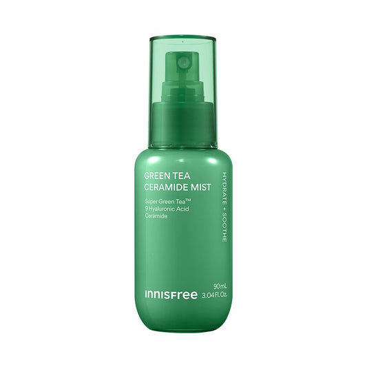 Innisfree Green Tea Ceramide Mist 90mL spray bottle in a translucent green color, shown on a solid white background.