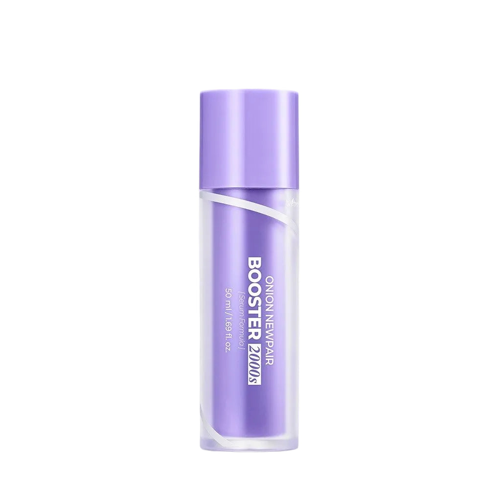 A cylindrical cosmetic bottle with a metallic lavender-purple cap and matching purple label, featuring white text that reads 'GLOWING NEIGHBORS BOOSTER BOTTLE' on a clean white background.