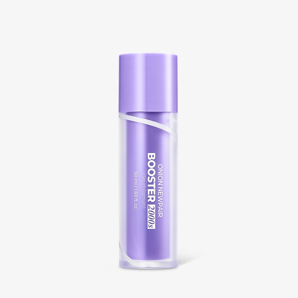 A cylindrical cosmetic bottle with a metallic lavender-purple cap and matching purple label, featuring white text that reads 'GLOWING NEIGHBORS BOOSTER BOTTLE' on a clean white background.
