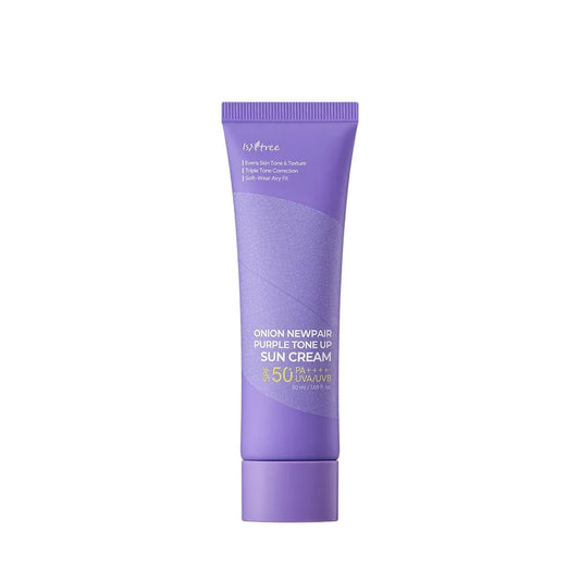 A purple squeeze tube of Isntree Onion Newpair Purple Tone Up Sun Cream SPF 50+ on a clean white background.