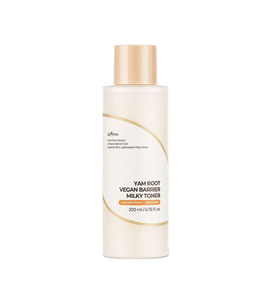 A bottle of u&frees Yam Root Vegan Barrier Milky Toner, featuring a frosted off-white bottle with a metallic gold cap and gold accents on the label, set against a clean white background.