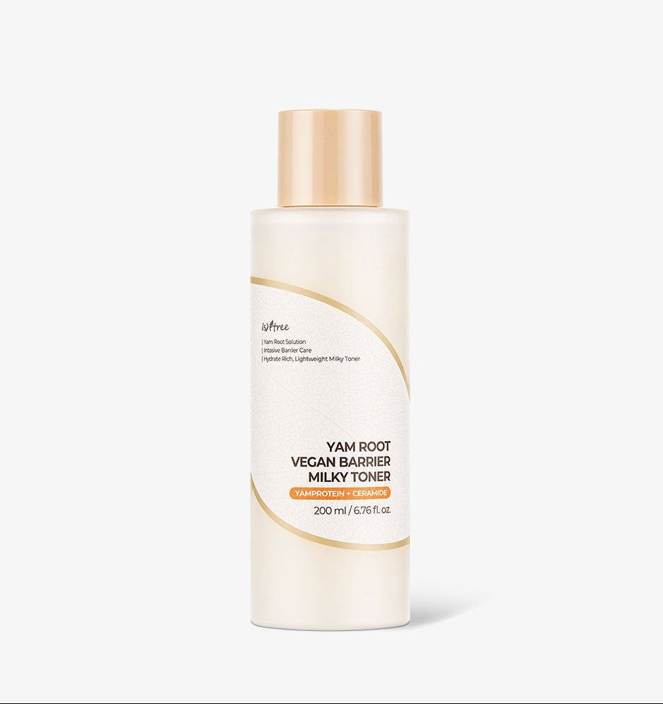 A bottle of u&frees Yam Root Vegan Barrier Milky Toner, featuring a frosted off-white bottle with a metallic gold cap and gold accents on the label, set against a clean white background.