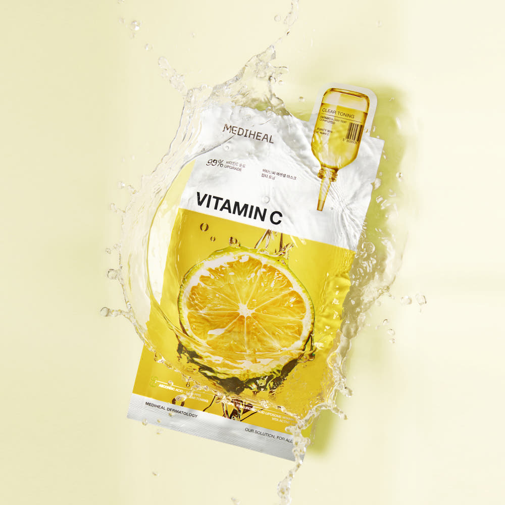 Mediheal Vitamin C sheet mask with lemon design on a light yellow background