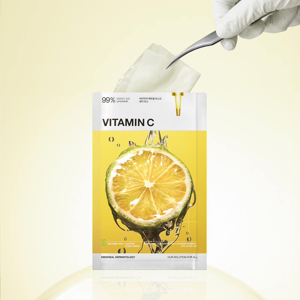 Vitamin C skincare mask with lemon design on a yellow background
