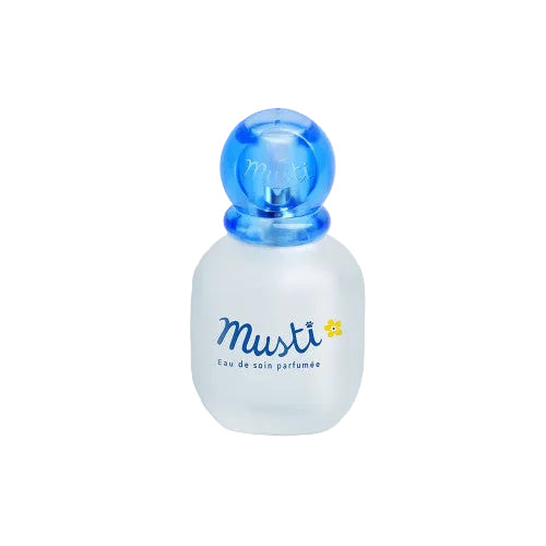 Musti Eau de Soin Parfumée perfume bottle with a frosted white body, blue spherical cap, and blue lettering on a light gray background.