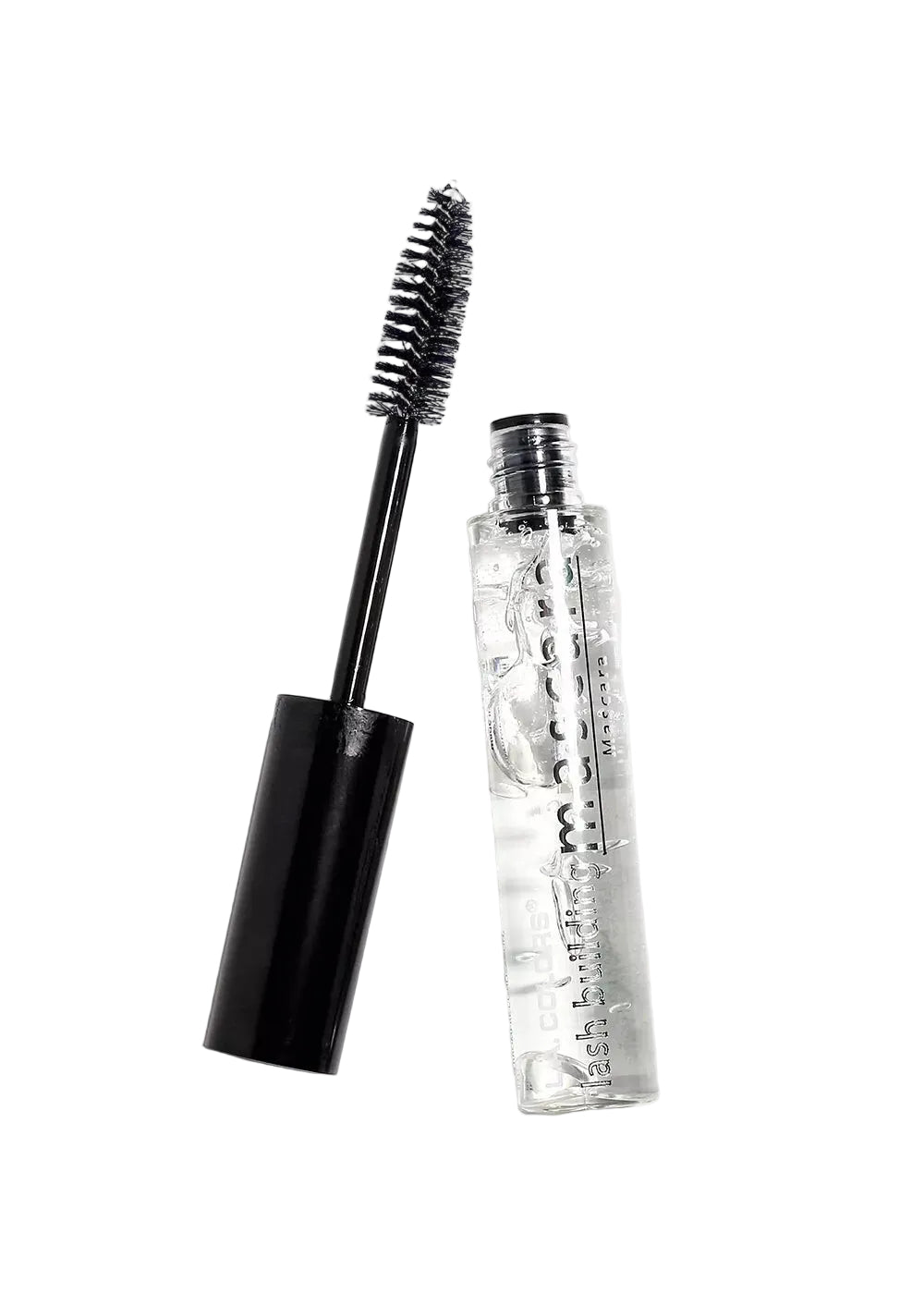 Eyebrow mascara with black brush and clear container on a white background