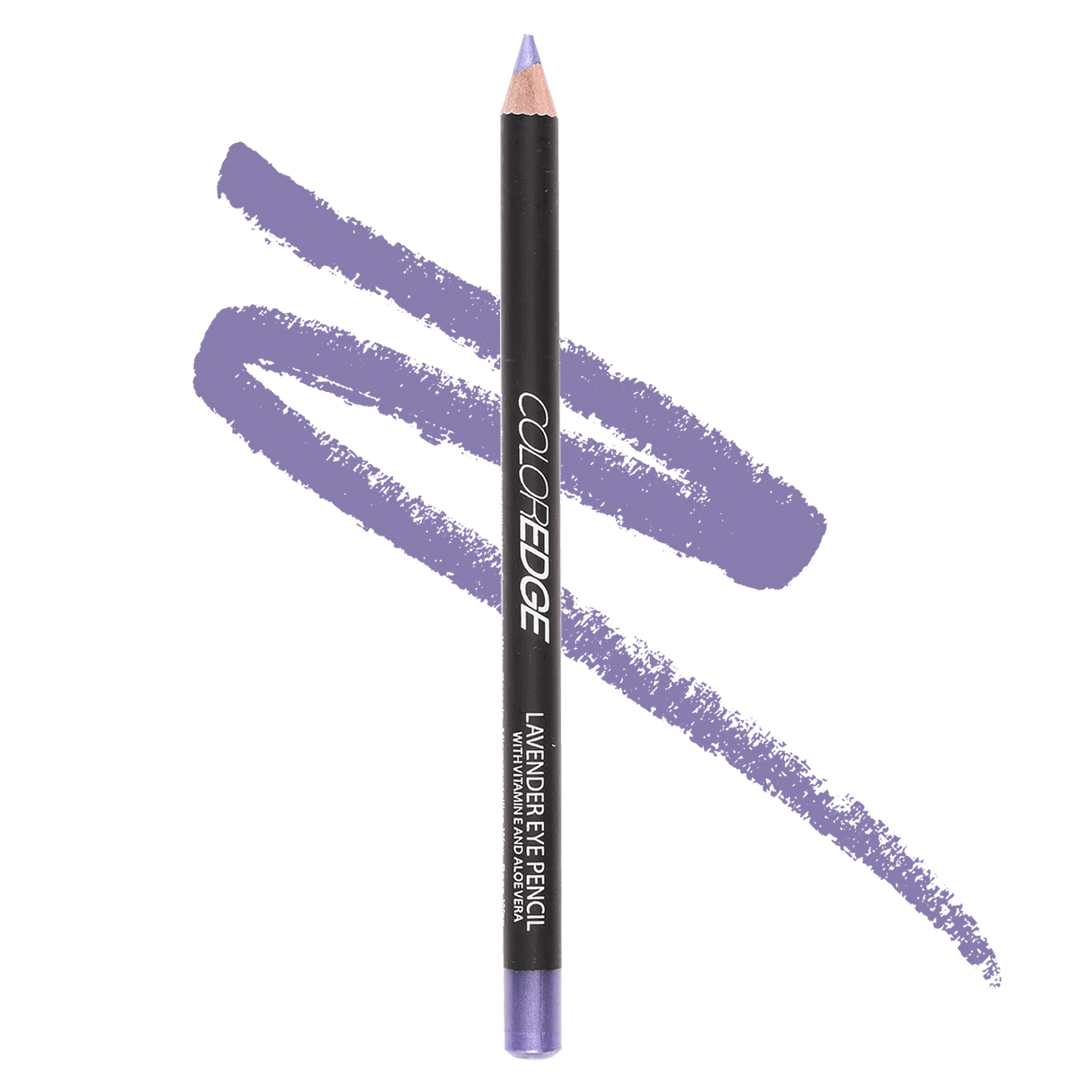 A single lip liner pencil centered on a solid green background, with a lavender-purple color swatch brush stroke behind it. The pencil is dark gray/black with white text reading 'COLOR EDGE' and 'LIP LINER PENCIL'.