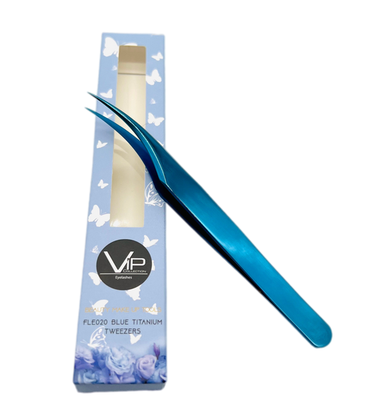 Blue titanium tweezers resting on their light blue butterfly-patterned packaging box, featuring a VIP Eyebrow brand logo.