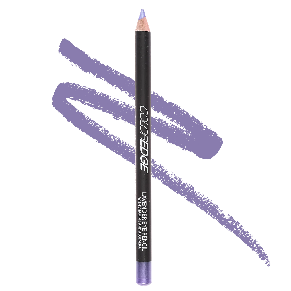 A single lip liner pencil shown upright on a white background, with two diagonal lavender-purple makeup swatches behind it. The pencil is black with white text reading 'COLOR EDGE' and 'LIP LINER PENCIL'.