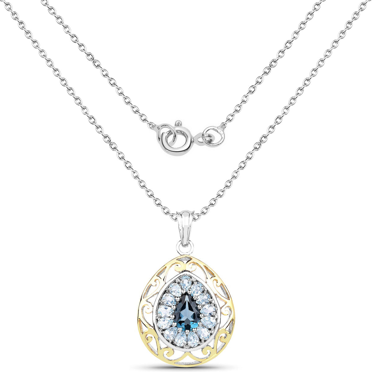 18K Yellow Gold Plate 4.44 Carat Genuine London Blue Topaz & Blue Topaz .925 Sterling Silver Pendant