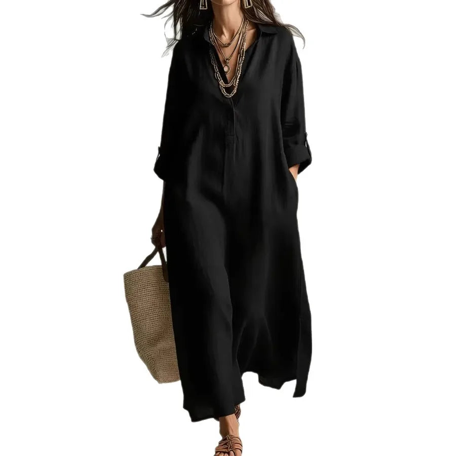 Woman wearing a black dress holding a straw bag on a white background