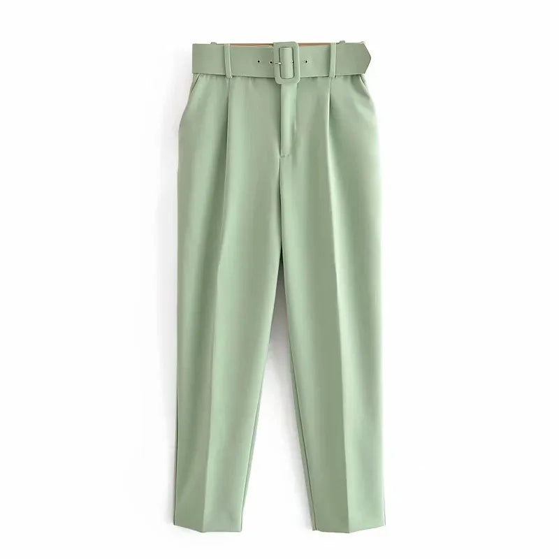 Green pants with a belt on a white background