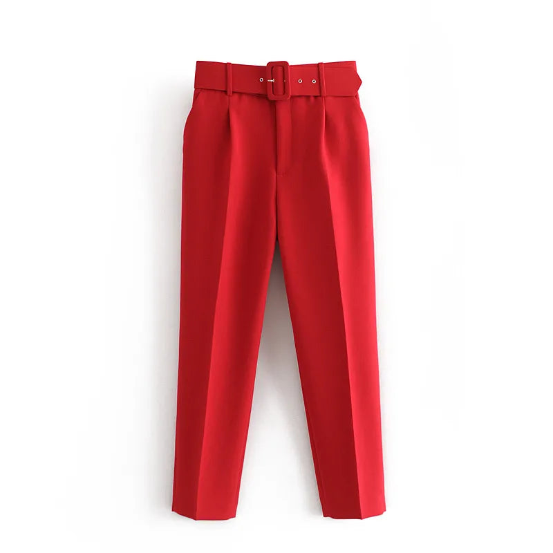 Red pants with a belt on a white background