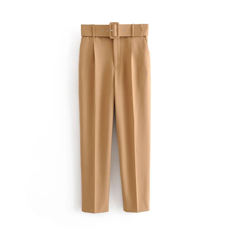 Tan pants with a belt on a white background