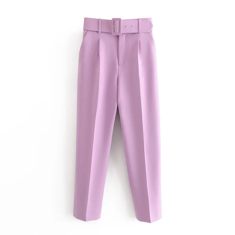 Purple pants with a belt on a white background