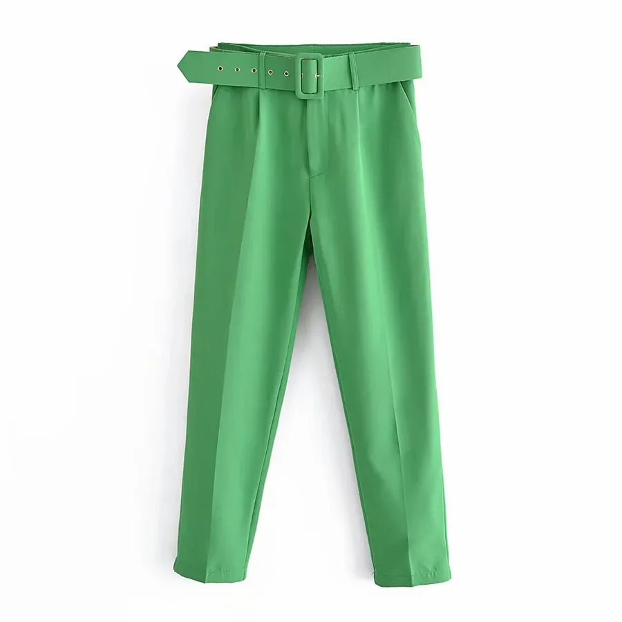 Green pants with a belt on a white background